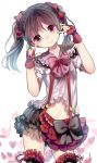 1girl \m/ black_hair bokura_wa_ima_no_naka_de bow double_\m/ fingerless_gloves frilled_skirt frills gloves hair_bow hair_ribbon head_tilt idol long_hair looking_at_viewer love_live!_school_idol_project navel opopowa red_eyes red_gloves ribbon simple_background skirt smile solo suspenders thigh-highs twintails white_background yazawa_nico zettai_ryouiki 