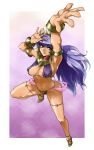  1girl armlet armpits arms_up bikini blue_hair bracelet breasts dancing erola_suppaatoka full_body headdress jewelry labyrinth_of_flames large_breasts long_hair necklace purple_bikini red_eyes sideboob skj solo swimsuit thigh_strap 