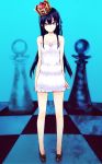  1girl bare_shoulders black_hair blue_eyes chess_piece chessboard crown dress hair_ribbon highres loafers long_hair looking_at_viewer original ribbon rinnkai shoes solo white_dress 