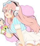  1girl bespectacled blush breasts glasses headphones large_breasts long_hair looking_at_viewer microphone nitroplus open_mouth pink_hair red_eyes smile solo super_sonico thigh-highs vintage_microphone 