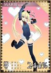  1girl arms_up blonde_hair blue_eyes blue_legwear bow dead_or_alive dead_or_alive_5 deeezel detached_sleeves frills full_body garters gloves hair_bow hair_ribbon leotard long_hair marie_rose pose ribbon small_breasts solo thigh-highs twintails v_over_eye 