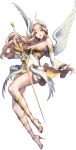  1girl alternate_costume blonde_hair blue_eyes breasts chaos_heroes_online feathered_wings full_body head_wings high_heels highres long_hair long_legs looking_at_viewer love_cacao official_art parted_lips sheryl_(chaos_online) simple_background smile solo sword transparent_background weapon white_wings wings 
