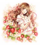  1girl bracelet brown_eyes brown_hair dress earrings food food_themed_clothes fruit hagiwara_rin hair_ornament hair_ribbon jewelry long_hair looking_at_viewer necklace open_mouth original puffy_short_sleeves puffy_sleeves revision ribbon short_sleeves smile solo strawberry very_long_hair white_dress 