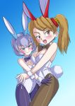  2girls animal_ears blue_eyes bowtie breast_envy brown_eyes brown_hair bunny_tail bunnysuit detached_collar gloves gundam gundam_build_fighters gundam_build_fighters_try highres hug karasuke_d kijima_shia long_hair multiple_girls pantyhose rabbit_ears sazaki_kaoruko short_hair silver_hair tail twintails wrist_cuffs 