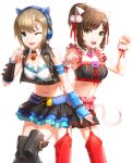  2girls :3 animal_ears bare_shoulders belt boots breasts brown_hair cat_ear_headphones cat_ears cat_tail collar cropped_jacket detached_collar fang garter_straps green_eyes hair_ornament headphones heart idolmaster idolmaster_cinderella_girls jewelry kfr long_hair looking_at_viewer maekawa_miku multiple_girls necklace one_eye_closed open_mouth paw_pose ponytail red_legwear short_hair skirt smile tada_riina tail thigh-highs thigh_boots 
