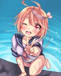  1girl ahoge barefoot hair_ornament i-58_(kantai_collection) kantai_collection neckerchief one_eye_closed open_mouth pink_eyes pink_hair school_swimsuit school_uniform serafuku short_hair short_sleeves sk02 smile solo swimsuit v 