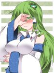 1girl 3: blush breast_rest breasts collared_shirt commentary_request covering_face detached_sleeves frog_hair_ornament frown green_hair hair_ornament hair_tubes hammer_(sunset_beach) kochiya_sanae large_breasts long_hair snake_hair_ornament solo sweat sweatdrop touhou upper_body very_long_hair wavy_mouth 