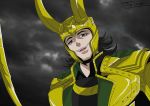  1boy armor avengers black_hair fake_screenshot green_eyes helmet highres horns loki_(marvel) marvel solo staff takesake 