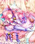  1girl animal_ears ball bed bell bell_collar bonnet canopy_bed cat_ears cat_tail cat_teaser collar dress long_hair lying official_art on_side original pillow pink_dress pink_hair puffy_short_sleeves puffy_sleeves short_sleeves sleeping solo stuffed_animal stuffed_mouse stuffed_toy tail tail_bell tail_bow tenkuu_no_crystalia toy very_long_hair wavy_hair wool wrist_ribbon yukinokoe 