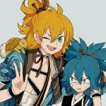  2boys ;d blue_eyes blue_hair green_eyes japanese_clothes kamekichi l_hakase lowres male_focus multiple_boys one_eye_closed open_mouth orange_hair ponytail sayo_samonji scar smile sweat touken_ranbu turtle urashima_kotetsu v 