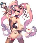 1girl animal_ears breasts bunny_tail bunnysuit chaos_heroes_online detached_collar dice green_eyes hat long_hair love_cacao mini_top_hat official_art pink_hair rabbit_ears simple_background solo tail thigh-highs top_hat transparent_background twintails tyria_(chaos_online) very_long_hair wrist_cuffs 