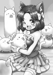  1girl :3 animal_ears bare_shoulders bow breast_press cat_(battle_cats) cat_ears cat_tail collar hair_bow headset highres microphone moneko_(battle_cats) monochrome nyanko_daisensou one_eye_closed open_mouth scar scar_across_eye sitting skirt smile strapless tail tank_cat thigh-highs wariza yaosera 