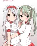  2girls alternate_costume blush breasts buruma gradient gradient_background green_eyes grey_hair gym_uniform hair_ribbon highres kantai_collection long_hair looking_at_viewer mitsudoue multiple_girls puffy_short_sleeves puffy_sleeves ribbon short_sleeves shoukaku_(kantai_collection) silver_hair twintails twitter_username zuikaku_(kantai_collection) 