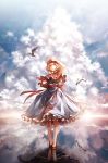  1girl alice_margatroid arm_up bird blonde_hair bloomers blue_eyes blue_sky book capelet clouds cloudy_sky cover cover_page doujin_cover dress frilled_dress frills grimoire grimoire_of_alice hand_to_head highres holding holding_book kozou_(soumuden) looking_up no_socks red_shoes reflection revision ribbon ripples shoes short_hair sky sleeveless sleeveless_dress solo standing standing_on_water touhou underwear 