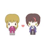  2boys armband blonde_hair brown_eyes brown_hair chibi coat cravat heart ichigo_kocha multiple_boys ponytail smile umineko_no_naku_koro_ni ushiromiya_lion willard_h_wright yellow_eyes 