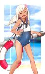  1girl awachi blonde_hair closed_eyes crop_top flower hair_flower hair_ornament kantai_collection lifebuoy long_hair revision ro-500_(kantai_collection) sailor_collar school_swimsuit swimsuit swimsuit_under_clothes tan tanline torpedo 