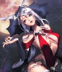  1girl alternate_costume aqua_eyes bare_shoulders boots breasts bridal_gauntlets card_(medium) chaos_heroes_online demon_wings full_moon head_tilt long_hair looking_at_viewer love_cacao moon nivas official_art parted_lips simple_background skull solo thigh-highs thigh_boots very_long_hair white_hair wings 