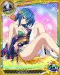  1girl bikini blue_hair breasts character_name green_hair high_school_dxd japanese_clothes kimono knight_(chess) large_breasts long_legs multicolored_hair off_shoulder official_art shiny shiny_skin short_hair side-tie_bikini solo swimsuit torn_clothes trading_cards two-tone_hair white_legwear xenovia_(high_school_dxd) yellow_eyes 