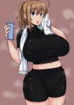  1girl :o ahoge belly breasts curvy drink earrings highres huge_breasts jewelry looking_at_viewer maru_(maruttona) midriff navel ooba_minori original solo sweat taut_clothes towel wide_hips 