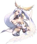  1girl bare_shoulders breasts chaos_heroes_online cleavage cleavage_cutout detached_sleeves fingernails hand_to_own_mouth head_wings headpiece lavender_eyes lavender_hair leg_up lips long_fingernails love_cacao official_art parted_lips rozamia short_hair simple_background solo thigh-highs transparent_background white_legwear 