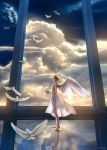  1girl artist_name barefoot bird blonde_hair clouds dress flower from_side highres holding holding_flower looking_at_viewer original reflection short_hair sleeveless sleeveless_dress solo standing takashi_mare white_dress white_wings wings 