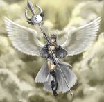  1girl absurdres angel_wings armor armored_dress breasts cat_(battle_cats) cleavage closed_eyes clouds dress full_body grey_dress grey_hair helmet highres jason7410 long_hair nyanko_daisensou polearm shoulder_pads sky solo spear thighs valkyrie valkyrie_cat waist weapon wings 