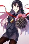  1girl ;) black_hair character_request flower foreshortening gold_chain hand_on_hip long_hair looking_at_viewer microphone one_eye_closed pantyhose pencil_skirt pocket_watch reimaco ribbon rose skirt smile solo violet_eyes watch 