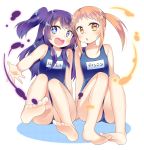  +_+ 1girl 2girls :d :o barefoot blue_eyes blush feet kaki_s long_hair lumiel_(p&amp;d) multiple_girls name_tag one-piece_swimsuit open_mouth orange_eyes orange_hair purple_hair puzzle_&amp;_dragons school_swimsuit sitting smile solo swimsuit tinnin toes twintails two_side_up 