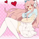  1girl blush breasts headphones large_breasts long_hair looking_at_viewer nitroplus open_mouth pink_hair red_eyes smile solo super_sonico thigh-highs v 