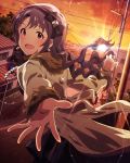  1girl black_hair bow brown_eyes clouds idolmaster idolmaster_million_live! jewelry long_hair looking_at_viewer necklace open_mouth outstretched_hand power_lines sky solo sparkle sunset takayama_sayoko 