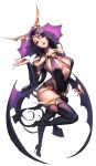  1girl alternate_costume bare_shoulders black_boots black_legwear boots breasts bridal_gauntlets chaos_heroes_online demon_wings full_body head_tilt high_heels highres long_hair looking_at_viewer love_cacao nivas official_art parted_lips purple_hair simple_background skull solo thigh-highs thigh_boots transparent_background very_long_hair violet_eyes wings 