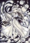  1girl abstract_background butterfly dated dress fan folding_fan hat marker_(medium) monochrome mosho open_mouth saigyouji_yuyuko short_hair smile solo touhou traditional_media 