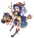  1girl alternate_costume boots broken_(chaos_online) broom broom_riding brown_eyes chaos_heroes_online full_body hat hobby_horse long_hair love_cacao official_art pinky_out purple_hair simple_background skull smile solo transparent_background wand witch witch_hat 