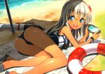  1girl :d ass beach blonde_hair blue_eyes crop_top flower hair_flower hair_ornament handheld_game_console kantai_collection lifebuoy long_hair moriki one-piece_swimsuit open_mouth orel_cruise playstation_vita rensouhou-chan ro-500_(kantai_collection) school_swimsuit school_uniform smile solo swimsuit tan torpedo 