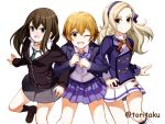  3girls aikatsu! blazer blonde_hair blush brown_hair cardigan crossover girl_sandwich green_eyes hairband hoshizora_rin idolmaster idolmaster_cinderella_girls jewelry kneehighs kurosawa_rin_(aikatsu!) loafers locked_arms long_hair looking_at_viewer love_live!_school_idol_project multiple_crossover multiple_girls namesake necklace necktie one_eye_closed open_mouth orange_hair sandwiched school_uniform shibuya_rin shoes short_hair skirt smile torigoe_takumi twitter_username yellow_eyes 