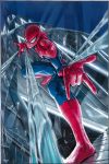  1boy bodysuit broken_glass building full_body glass marvel murata_yuusuke new_york official_art searchlight silk skin_tight solo spider-man spider-man_(series) spider_web superhero zentai 