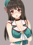  1girl bangs bare_shoulders beret black_hair blunt_bangs breast_hold breasts choker choukai_(kantai_collection) cleavage glasses hat kantai_collection large_breasts long_hair looking_at_viewer moshoko_(mizuneroku) no_gloves open_mouth red_eyes remodel_(kantai_collection) simple_background solo upper_body 