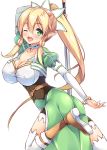  1girl blonde_hair breasts cleavage green_eyes iroha_(unyun) large_breasts leafa long_hair pointy_ears ponytail simple_background solo sword sword_art_online very_long_hair weapon white_background 