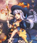  1girl alternate_costume boots broken_(chaos_online) broom broom_riding brown_eyes card_(medium) chaos_heroes_online full_moon hat hobby_horse long_hair love_cacao moon night night_sky official_art pinky_out purple_hair skull sky smile solo star_(sky) wand witch witch_hat 