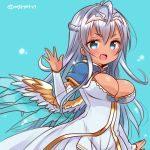  &gt;:d 1girl :d ahoge andromeda_(p&amp;d) blue_eyes blue_hair blush breasts capelet cleavage dark_skin dress feathered_wings large_breasts long_hair long_sleeves marshmallow_mille open_mouth puzzle_&amp;_dragons smile solo tiara twitter_username wings 