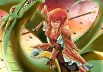  1girl arm_support armor fingerless_gloves fire_emblem fire_emblem:_mystery_of_the_emblem gloves headband horns looking_at_viewer minerva_(fire_emblem) nanagami_ginji polearm red_eyes redhead riding saddle sharp_teeth short_hair solo weapon wyvern 