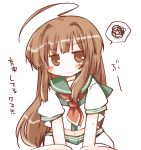  1girl ahoge anger_vein brown_eyes brown_hair closed_mouth commentary_request futami_yayoi highres kantai_collection kuma_(kantai_collection) long_hair midriff navel sailor sailor_collar short_sleeves simple_background solo spoken_squiggle squiggle translation_request white_background 