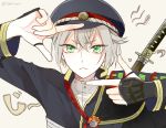  1boy :&lt; grey_eyes hat hotarumaru male_focus military military_uniform shijima_tohiro silver_hair sode sword touken_ranbu translation_request uniform weapon 