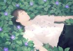  1boy black_hair chewed_leaves closed_eyes crying dappled_sunlight leaf lying on_back on_ground original pants petals plant re:i shirt signature solo tears violet_(flower) white_shirt 