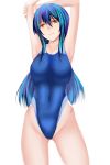  1girl arms_up blue_hair brown_eyes competition_swimsuit covered_navel highleg highleg_swimsuit long_hair one-piece_swimsuit original shima-shuu swimsuit 