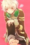  1boy brown_clothes deru_tamu feet fur_trim headphones headphones_around_neck heart personification pokemon pokemon_(game) red_eyes short_hair sitting whimsicott white_hair 