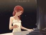  1girl bare_arms bare_shoulders collarbone dress gensou_kuro_usagi highres instrument jewelry love_live!_school_idol_project necklace nishikino_maki piano playing_instrument playing_piano redhead revision smile solo strapless_dress violet_eyes white_dress 