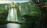  artist_request building chaos_heroes_online clouds fantasy forest highres nature official_art outdoors scenery sky tree water waterfall 