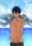  1boy blue_eyes blue_hair free! jacket jammers kubu nanase_haruka_(free!) short_hair solo swimsuit water 