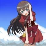  1girl :d aoki_hagane_no_arpeggio blue_eyes blue_sky brown_hair clouds cloudy_sky leaning_forward long_hair looking_at_viewer maya_(aoki_hagane_no_arpeggio) nayo_(acgin) open_mouth sky smile solo wind 